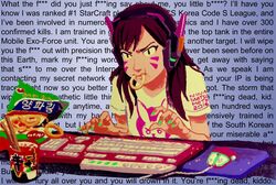  4chan artist_name censored censored_text chopsticks commentary computer_keyboard computer_mouse crumbs cup_ramen d.va_(gremlin) d.va_(overwatch) desk eating english_commentary english_text facial_mark female food food_in_mouth headset korean_text meme mousepad_(object) nail_polish navy_seal_copypasta nina_matsumoto onion_rings overwatch overwatch_1 profanity shin_ramyun shirt sitting starcraft t-shirt typing wall_of_text whisker_markings 