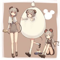  3girls animal_ears bare_legs bird black_shorts brown_footwear capelet chicken commentary_request cookie_(touhou) dowsing_rod dress egg egg_costume fake_nyon_(cookie) grey_dress grey_eyes grey_hair highres ichigo_(cookie) jewelry kofji_(cookie) long_sleeves miyako_(naotsugu) mouse_ears mouse_tail multiple_girls nazrin nyon_(cookie) pencil pendant red_eyes running shoes short_dress short_hair shorts sitting socks tail the_chicken_that_appears_in_the_middle_of_cookie touhou white_socks 