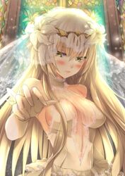  alternate_costume backlighting bare_shoulders blonde_hair blush breasts bridal_veil bride church circlet closed_mouth commentary_request dress embarrassed eyebrows fate/grand_order fate_(series) female flower formal frills gloves hair_between_eyes hair_flower hair_ornament halterneck hatori_mia highres indoors jeanne_d&#039;arc_alter_(avenger)_(fate) jeanne_d&#039;arc_alter_(fate) jewelry lace large_breasts light_particles lily_(flower) long_hair looking_at_viewer outstretched_arm pout see-through sideboob solo stained_glass upper_body veil wedding wedding_dress white_dress white_flower window yellow_eyes 