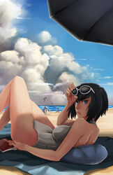  alternate_hair_length alternate_hairstyle back bad_deviantart_id bad_id bankage beach black_hair blue_eyes book breasts cloud cloudy_sky day eyewear_on_head female frown highres kill_la_kill kiryuuin_satsuki lips looking_at_viewer looking_back lying medium_breasts nose on_back one-piece_swimsuit outdoors short_hair sky solo_focus sunglasses swimsuit thick_eyebrows white_one-piece_swimsuit 