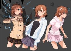  anti-art_attachment bad_id bad_twitter_id black_one-piece_swimsuit brown_eyes brown_hair casual coat competition_school_swimsuit competition_swimsuit cowboy_shot duffel_coat electricity electrokinesis female grey_background hair_ornament hairclip hood hoodie jacket misaka_mikoto multicolored_clothes multicolored_swimsuit multiple_persona official_alternate_costume one-piece_swimsuit one_eye_closed open_clothes open_shirt pink_skirt plaid plaid_skirt pleated_skirt powered_suit_(toaru) psychic rod_(rod4817) school_swimsuit school_uniform science_fiction shirt short_hair simple_background skirt spoilers swimsuit swimsuit_under_clothes toaru_kagaku_no_railgun toaru_majutsu_no_index toaru_majutsu_no_index:_new_testament tokiwadai_school_swimsuit tokiwadai_school_uniform winter_uniform 