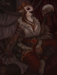  2018 4_fingers anthro avian bird breasts brown_body brown_feathers clothed clothing detailed_background digital_media_(artwork) feathers female fingers hi_res non-mammal_breasts owl raventenebris red_eyes solo strixidos 