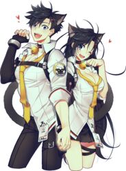  1boy animal_ears bad_id bad_pixiv_id bell black_hair black_skirt blue_eyes breasts cat_ears cat_tail cleavage closers collar dual_persona female fingerless_gloves genderswap_(ftm) gloves hair_ornament hairclip heart highres holding_hands large_breasts limble neck_bell necktie oerba_yun_fang one_eye_closed paw_pose pleated_skirt rule_63 school_uniform single_glove skirt tail transparent_background yuri_seo 