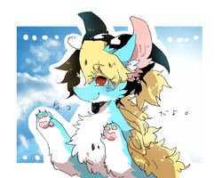  5:4 ambiguous_gender anthro blonde_hair blue_body blue_fur dragon fur hair kemono long_hair mythological_creature mythological_scalie mythology pipisan red_eyes scalie solo 