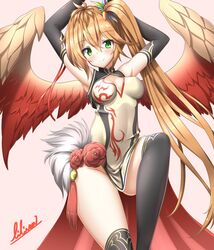  bird_wings black_gloves black_socks blush breasts brown_hair china_dress chinese_clothes cleavage_cutout clothing_cutout commentary_request dress elbow_gloves female gloves green_eyes highres kneehighs leilan_(p&amp;d) lilium0235 long_hair medium_breasts puzzle_&amp;_dragons side_ponytail signature smile socks solo wings 