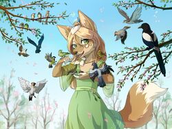  ambient_bird ambient_flier ambiguous_gender anthro avian bird blonde_hair breasts brown_body brown_fur clothed clothing deity detailed_ambient_creature detailed_background dress eyebrows eyelashes feeding feeding_birds female feral flower fur green_eyes group hair happy long_hair mammal open_mouth outside perched plant smile spring spring_rain_(character) standing tan_body tan_fur tree yosin_(artist) 