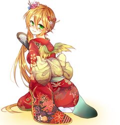  bird_wings blush commentary_request cup female flower gloves green_eyes hair_flower hair_ornament highres japanese_clothes kanataww kimono leilan_(p&amp;d) long_hair looking_back orange_hair puzzle_&amp;_dragons sakazuki side_ponytail sitting smile solo wariza wings 