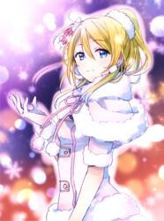  ayase_eli blonde_hair blue_eyes commentary_request female gloves light_smile looking_at_viewer love_live! love_live!_school_idol_project ponytail snow_halation snowflakes solo white_gloves yuzucky 