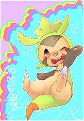  ambiguous_gender anthro chespin generation_6_pokemon kemono nintendo one_eye_closed open_mouth pokemon pokemon_(species) powderkona solo 