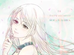  akashiya_moka blush character_name closed_mouth collar commentary_request cross female happy_birthday inner_moka light_smile long_hair neichiboku portrait red_eyes rosario+vampire solo white_hair 