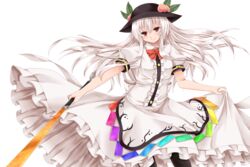  alternate_hair_color arms_at_sides awai_shiro back_bow bad_id bad_pixiv_id black_hat black_pantyhose bow bowtie center_frills closed_mouth female food food-themed_hat_ornament frilled_skirt frills fruit fruit_hat_ornament g-tenko-r hair_between_eyes hat hat_ornament hinanawi_tenshi holding holding_sword holding_weapon leaf_hat_ornament long_hair long_skirt m.u.g.e.n outstretched_arms pantyhose peach peach_hat_ornament petticoat puffy_short_sleeves puffy_sleeves rainbow_gradient rainbow_order red_bow red_bowtie red_eyes shirt short_sleeves skirt skirt_hold smile solo sword sword_of_hisou tassel touhou transparent_background upskirt very_long_hair weapon white_bow white_hair white_theme 