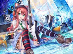  animal_ears guitar headphones nekomimi seifuku thighhighs tyaba_neko wet 