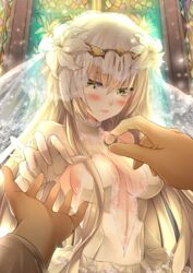  alternate_costume backlighting bare_shoulders blonde_hair blush breasts bridal_veil bride church circlet closed_mouth commentary_request dress embarrassed eyebrows fate/grand_order fate_(series) female flower formal frills glint gloves hair_between_eyes hair_flower hair_ornament halterneck hatori_mia highres holding indoors jeanne_d&#039;arc_alter_(avenger)_(fate) jeanne_d&#039;arc_alter_(fate) jewelry lace large_breasts lens_flare light_particles lily_(flower) long_hair looking_at_viewer out_of_frame outstretched_arm pout pov pov_hands putting_on_jewelry ring see-through sideboob solo_focus stained_glass upper_body veil wedding wedding_dress wedding_ring white_dress white_flower window yellow_eyes 