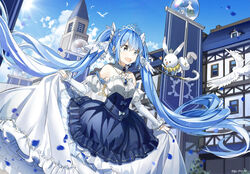  bare_shoulders bird blue_eyes blue_hair building cloud commentary_request detached_sleeves dress female floating_hair hatsune_miku hoop_skirt long_hair musical_note open_mouth outdoors petals popuru rabbit rabbit_yukine skirt_hold sky tiara twintails twitter_username very_long_hair vocaloid yuki_miku yuki_miku_(2019) 