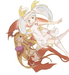  2girls ;o arm_over_head bad_id bad_pixiv_id bare_arms bare_shoulders bat_hair_ornament bikini blonde_hair boots bow cape character_request dress grey_eyes grey_hair hair_ornament hair_ribbon knees_together_feet_apart long_hair looking_at_viewer lord_of_vermilion milia_(lord_of_vermilion) multiple_girls navel one_eye_closed outstretched_arm red_cape red_eyes red_legwear ribbon side-tie_bikini_bottom simple_background sleeveless sleeveless_dress swimsuit tama_(wixoss) thigh_boots thighhighs totatokeke twintails white_background white_footwear white_ribbon wixoss yellow_bow yellow_ribbon 