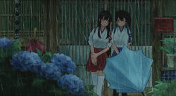  2girls akagi_(kancolle) architecture blush brown_eyes brown_hair closed_umbrella commentary_request east_asian_architecture eye_contact flower hair_between_eyes hakama hakama_short_skirt hakama_skirt hydrangea japanese_clothes japanese_postal_mark kaga_(kancolle) kantai_collection leaning_on_person long_hair looking_at_another mailbox_(incoming_mail) multiple_girls outdoors own_hands_together painting_(medium) plant potted_plant rain shijukara_(great_tit) short_hair side_ponytail skirt smile straight_hair tasuki thighhighs traditional_media umbrella v_arms watercolor_(medium) white_legwear zettai_ryouiki 