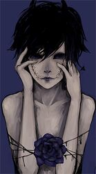  1boy arrow black_hair blue blue_eyes blue_lips blue_rose blush closed_mouth collarbone dripping eyelashes flower hands_on_own_face horns lips livly_island lolicon male_focus pale_skin personification renos rose scar shirtless simple_background solo spiked_hair stitches upper_body 