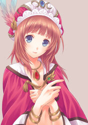  atelier_(series) atelier_rorona blue_eyes bracelet brown_hair capelet commentary_request covering_privates expressionless female hat jewelry necklace photoshop_(medium) pink_background rororina_fryxell short_hair solo upper_body yuuki_mitsuru 