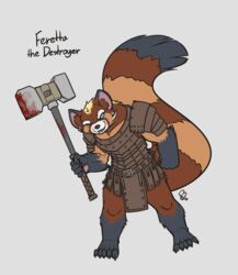  ailurid anthro armor black_body black_fur blonde_hair blood blue_eyes bodily_fluids brown_body brown_fur digital_media_(artwork) female feretta feretta_(character) fur hair leather leather_armor mammal maul red_panda simple_background solo tan_body tan_fur weapon 