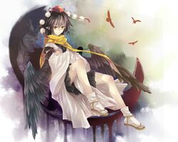  bird black_hair chinese_commentary commentary_request female hat japanese_clothes ko_kita scarf shameimaru_aya short_hair solo tokin_hat touhou wings yellow_eyes 