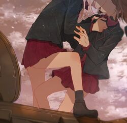  2girls back bad_id bad_pixiv_id black_footwear black_hat black_jacket black_socks brown_hair clothes_grab cloud cloudy_sky collared_shirt garrison_cap girls_und_panzer grey_hair hat head_out_of_frame implied_kiss itsumi_erika jacket kuromorimine_military_uniform leaning_back light_particles long_hair long_sleeves mikan-uji military military_uniform military_vehicle miniskirt motion_blur motor_vehicle multiple_girls nishizumi_miho outdoors pleated_skirt red_shirt red_skirt shade shirt shoes short_hair skirt sky socks standing tank uniform unworn_hat unworn_headwear yuri 