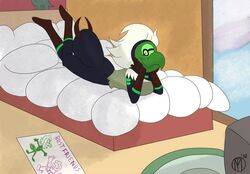  2016 alien alien_humanoid animal_humanoid arthropod arthropod_abdomen arthropod_humanoid beak bed bedroom cartoon_network centipeetle clothed clothing corrupted_gem drawing female furniture gem_(species) hair hand_on_face happy humanoid insect_humanoid insects lying mb_thomas nephrite_(gem_species) on_front smile solo steven_universe white_hair 