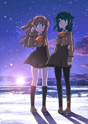  2girls black_hair blue_eyes brown_eyes brown_hair commentary_request folded_hair hair_rings highres hisanuma_sayu isshiki_tarou long_hair mihama_junior_high_school_uniform multiple_girls nagi_no_asukara outdoors pantyhose school_uniform shiodome_miuna snow sunrise twintails two_side_up 