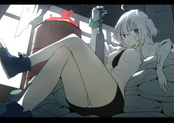  ahoge bandage_on_face bandages barrel baseball_bat blonde_hair blue_eyes blush breasts bural_chingu commentary crossed_legs female full_body korean_commentary long_hair luke_(dydansgur) panties pantyshot park_noah sandbag scrunchie shirt shoes sitting skirt sneakers solo two_side_up underwear upskirt white_panties 