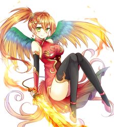  bird_wings black_thighhighs breasts china_dress chinese_clothes cleavage_cutout clothing_cutout commentary_request dress elbow_gloves female fingerless_gloves flaming_sword flaming_weapon gloves green_eyes hair_between_eyes highres kanataww large_breasts leilan_(p&amp;d) long_hair orange_hair puzzle_&amp;_dragons side_ponytail smile solo thighhighs wings 