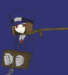  1boy bags_under_eyes brown_hair chains commentary_request gloves hat looking_at_viewer male_focus moka_(1339) necktie older_(game) peaked_cap red_eyes rope solo stocks takashi_(older) uniform 