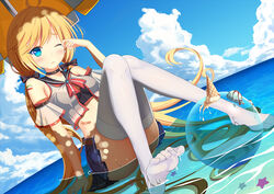  absurdly_long_hair accident andrea_doria_(warship_girls_r) arm_support ball bare_shoulders beachball belt blonde_hair blue_eyes blue_skirt blush choker cloud commentary_request crop_top day dutch_angle feet female food hair_ribbon ice_cream italian_flag long_hair low_twintails muq ocean one_eye_closed partially_submerged photoshop_(medium) pleated_skirt ribbon rubbing_eyes sitting skirt sky soles solo thighhighs twintails umbrella very_long_hair warship_girls_r water wet wet_clothes white_thighhighs 