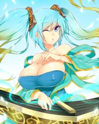  bare_shoulders blue_eyes blue_hair blue_nails breasts cleavage dress erect_nipples female fingernails large_breasts league_of_legends long_hair multicolored_hair nail_polish open_mouth sona_buvelle twintails very_long_hair 