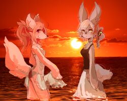  5:4 anthro beach canid canine canis domestic_dog duo female fur grey_body grey_fur hair kemono mammal outside pipisan red_eyes red_hair seaside sun sunset water yellow_eyes 