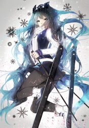  absurdres black_pantyhose blue_hair chinese_commentary commentary_request female gloves hair_ornament hatsune_miku highres holding long_hair looking_at_viewer pantyhose photoshop_(medium) sa&#039;yuki skis snowflakes solo vocaloid white_gloves yuki_miku yuki_miku_(2016) 