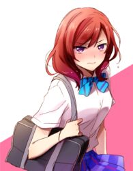  angry bag bow commentary_request dress_shirt female frown looking_at_viewer love_live! love_live!_school_idol_project medium_hair nishikino_maki otonokizaka_school_uniform purple_eyes red_hair school_bag school_uniform shirt shoulder_bag skirt solo summer_uniform tearing_up yuzucky 