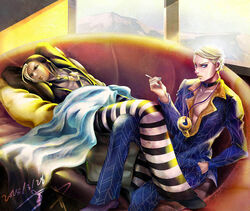  2boys arms_behind_head black_footwear black_jacket black_sclera blanket blonde_hair blue_jacket blue_nails blue_pants choker cigarette colored_sclera commentary_request couch cushion dated eyelashes formal glaring grey_hair hand_in_pocket hat hood indoors jacket jewelry jiaojun jojo_no_kimyou_na_bouken knee_up legs_on_another&#039;s_lap lipstick looking_at_viewer lying makeup male_focus multiple_boys nail_polish necklace on_back on_couch pants pectorals pendant photoshop_(medium) prosciutto risotto_nero shoes signature smoking striped_clothes striped_pants suit sunlight sunset window_shadow yellow_lips 