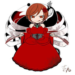  akujiki_musume_conchita_(vocaloid) artist_name banica_conchita blood blood_stain brown_hair chibi choker corset cutlery detached_sleeves dress evil_smile evillious_nendaiki female flower food fork fruit grapes hair_flower hair_ornament ichi_ka knife licking_lips lowres meiko_(vocaloid) red_dress red_eyes ribs rose short_hair signature smile solo stomach_(organ) tongue tongue_out vocaloid 