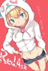  animal_hood blonde_hair blue_eyes blush call_(red_ash) commentary_request copyright_name cowboy_shot crop_top dated denim denim_shorts drawstring dutch_angle female foreshortening from_above groin hand_on_own_hip hand_on_own_thigh hood hoodie imazon lowleg lowleg_shorts midriff navel photoshop_(medium) red_ash red_background short_hair short_shorts shorts signature simple_background solo thigh_gap twitter_username wristband zipper 