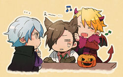  3boys =_= alternate_costume animal_ears animal_hands beamed_eighth_notes blonde_hair blue_eyes blush_stickers brown_hair cape chibi closed_eyes commentary_request demon_horns demon_tail eighth_note facial_hair glasses goatee grey_hair halloween hazama_michio horns idolmaster idolmaster_side-m jack-o&#039;-lantern maita_rui male_focus multiple_boys musical_note photoshop_(medium) s.e.m_(idolmaster) sweatdrop table tail tan_background tsukasa_(merrymore) wolf_ears yamashita_jiro 