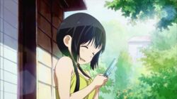  aiura animated animated anime_screenshot black_eyes black_hair bouncing_breasts breasts camisole cellphone day female long_hair lowres outdoors phone small_breasts smile solo twintails uehara_ayuko 