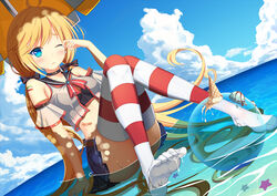  absurdly_long_hair accident andrea_doria_(warship_girls_r) arm_support ball bare_shoulders beachball belt blonde_hair blue_eyes blue_skirt blush choker cloud commentary_request crop_top day dutch_angle feet female food hair_ribbon ice_cream italian_flag long_hair low_twintails muq ocean one_eye_closed partially_submerged photoshop_(medium) pleated_skirt red_thighhighs ribbon rubbing_eyes sitting skirt sky soles solo striped_clothes striped_thighhighs thighhighs twintails umbrella very_long_hair warship_girls_r water wet wet_clothes white_thighhighs 