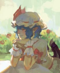  bad_id bad_pixiv_id blue_hair bow female hat hat_ribbon head_rest nail_polish own_hands_together pointy_ears red_eyes remilia_scarlet ribbon rose_bush saiko67 shade short_hair short_sleeves solo touhou wrist_cuffs 