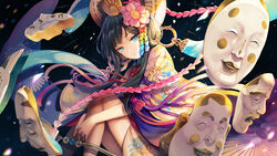  black_hair blue_eyes bow commentary_request female floating floating_object flower hair_flower hair_ornament headpiece hugging_own_legs japanese_clothes jewelry kanzashi kimono knees_up long_hair mask menreiki noh_mask onmyoji petals pink_bow pink_flower purple_bow ring sibyl solo unworn_mask wide_sleeves 