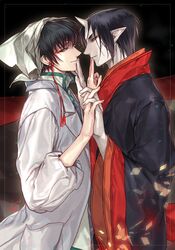  2boys akgi bad_id bad_pixiv_id black_background black_hair coat collared_shirt commentary_request fingers_to_mouth hakutaku_(hoozuki_no_reitetsu) holding_hands hoozuki_(hoozuki_no_reitetsu) hoozuki_no_reitetsu horns japanese_clothes korean_commentary long_sleeves male_focus multiple_boys oni_horns shirt single_horn white_coat 