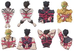  4boys battle_tendency black_hair blonde_hair bondage bound chains commentary_request dio_brando from_behind gakuran jojo_no_kimyou_na_bouken jonathan_joestar joseph_joestar joseph_joestar_(young) kujo_jotaro multiple_boys phantom_blood pink_rope rope school_uniform stardust_crusaders suna_(signi57tifato) 