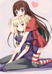  2girls aoki_hagane_no_arpeggio blonde_hair blush brown_hair capelet commentary_request dress hand_in_own_hair heart hug hug_from_behind kongou_(aoki_hagane_no_arpeggio) long_hair maya_(aoki_hagane_no_arpeggio) multiple_girls open_mouth pantyhose personification photoshop_(medium) sitting smile striped_clothes striped_thighhighs thighhighs twintails yoruda 