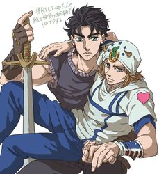  2boys blonde_hair blue_eyes commentary_request hat johnny_joestar jojo_no_kimyou_na_bouken jonathan_joestar luck_and_pluck male_focus multiple_boys steel_ball_run suna_(signi57tifato) sword weapon 