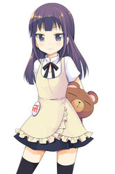  apron arms_behind_back badge black_thighhighs bow bowtie commentary_request cowboy_shot daisy_(working!!) female long_hair purple_eyes purple_hair sakura_hanatsumi short_sleeves simple_background skirt smile solo standing stuffed_animal stuffed_toy teddy_bear thighhighs tsurime waitress white_background working!! yamada_aoi zettai_ryouiki 