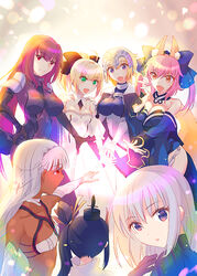  6+girls altera_(fate) artoria_pendragon_(fate) bad_id bad_pixiv_id blonde_hair bodysuit breasts cleavage dark-skinned_female dark_skin fate/apocrypha fate/extra fate/grand_order fate/stay_night fate/unlimited_codes fate/zero fate_(series) green_eyes jeanne_d&#039;arc_(fate) jeanne_d&#039;arc_(ruler)_(fate) large_breasts long_hair mash_kyrielight multiple_girls nichiru open_mouth pink_hair purple_bodysuit purple_eyes red_eyes saber_lily scathach_(fate) smile tamamo_(fate) tamamo_no_mae_(fate/extra) ushiwakamaru_(fate) veil 