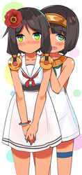  2girls :d absurdres bare_arms bare_shoulders blush brown_hair closed_mouth collarbone commentary_request dress egyptian_loli_(surio) flower green_eyes hair_between_eyes hair_flower hair_ornament hairband hands_on_another&#039;s_shoulders highres long_hair multiple_girls name_connection neckerchief nose_blush object_namesake open_mouth original pleated_skirt poppy_(flower) poppy_girl_(surio) red_flower red_neckerchief round_teeth sailor_collar sailor_dress skirt smile surio teeth thigh_strap upper_teeth_only usekh_collar white_dress white_sailor_collar 